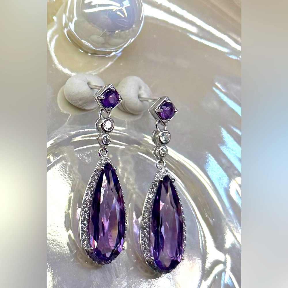 EA3 8.3CT Natural Amethyst Dangling Elongated Teardrop Elegant Earrings S925